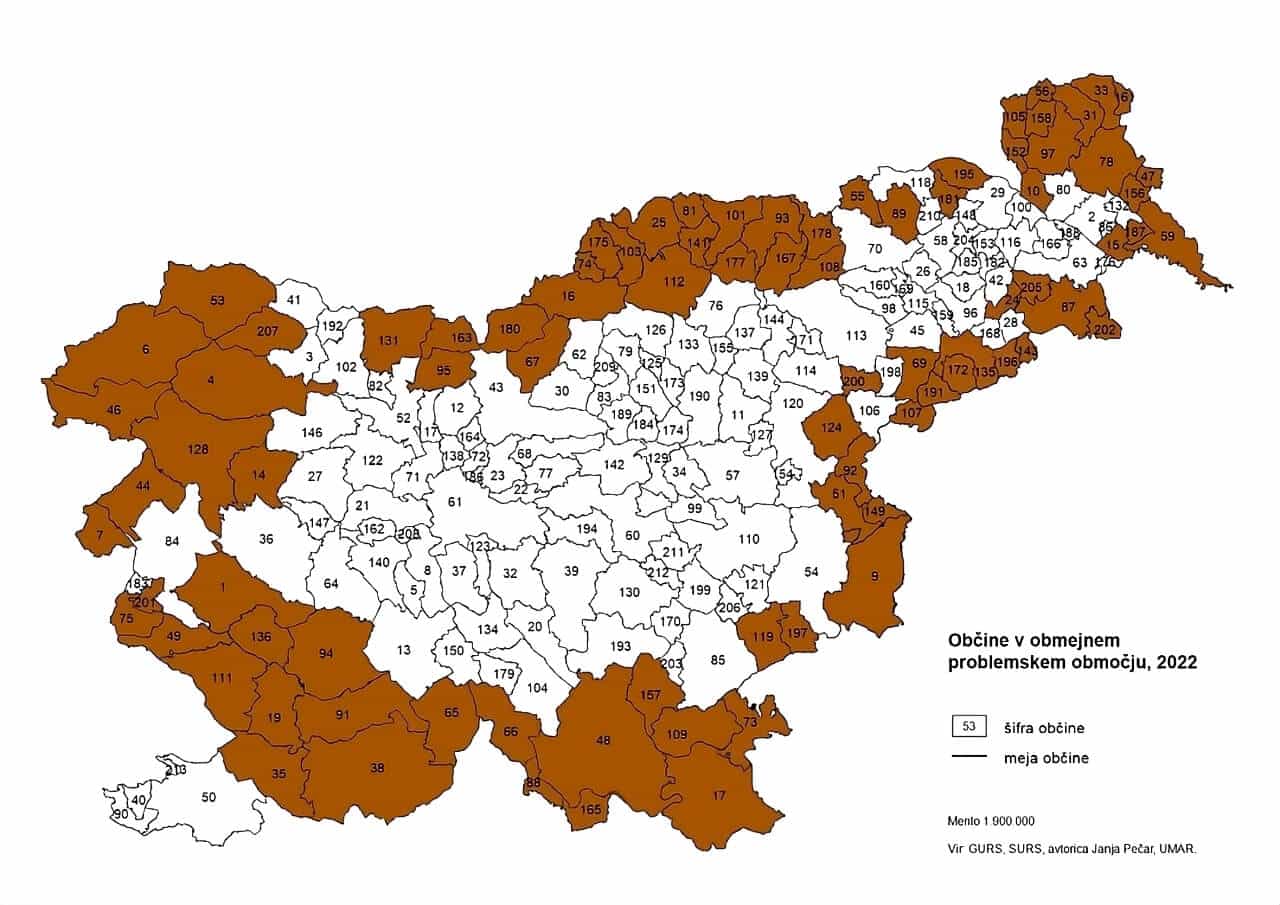 Map of municipalities in border problem areas of Slovenia